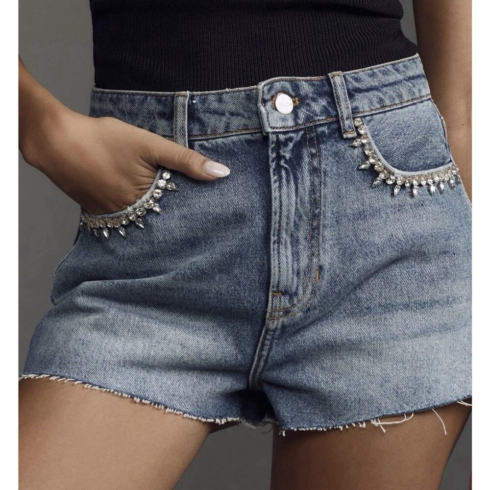 Anthropologie Pilcro Lover Cut-Off High Rise Denim Jean Shorts 27 Rhinestone